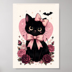 Poster Gato Preto Flor de Rosa com Laço Rosa