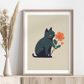 Poster Gato Preto Flor Minimalista