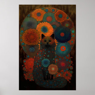 Poster Gato Preto Floral com Design de Sombreamento Lumin