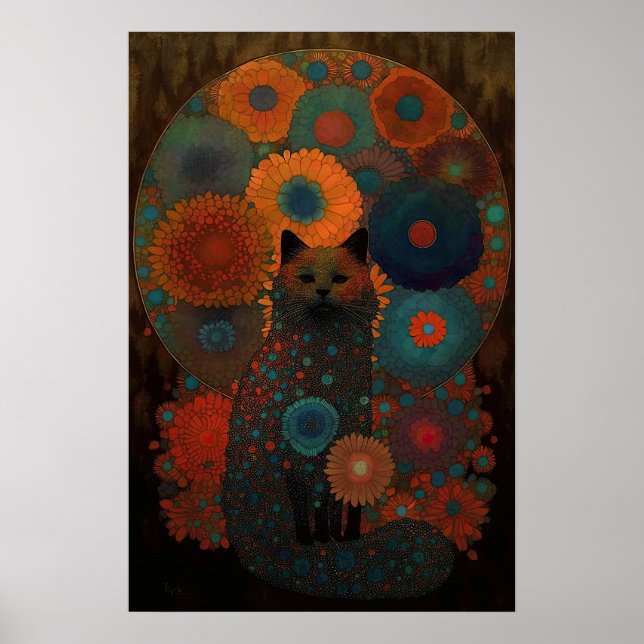 Poster Gato Preto Floral com Design de Sombreamento Lumin (Frente)