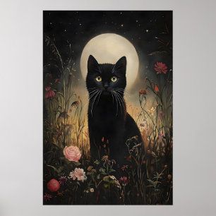 Poster Gato Preto Floral da Lua Impresso, Gato Florido no