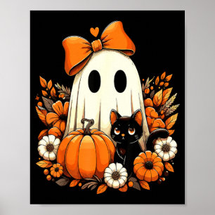 Poster Gato Preto Floral Groovy Dia das Bruxas Fantasma