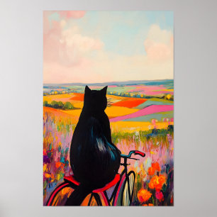 Poster Gato Preto Fofo Apreciando a Natureza com Biciclet