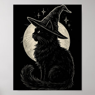Poster Gato Preto Fofo Chapéu de Bruxa Lua Retro Coquette