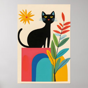 Poster Gato preto fofo com flor colorida