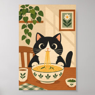 Poster Gato Preto Fofo Comendo Ramen – Comida Japonesa Vi