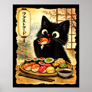 Poster Gato preto fofo comendo sushi kawaii comida japone