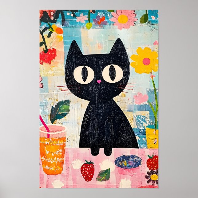 Poster Gato Preto Fofo Engraçado Simples (Frente)