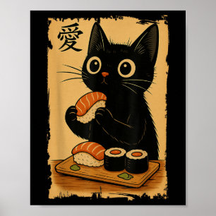 Poster Gato Preto Fofo Kawaii Comendo Sushi Japonês Engra