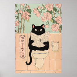 Poster Gato Preto Fofo Lendo no Banheiro