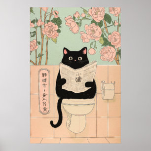 Poster Gato Preto Fofo Lendo no Banheiro