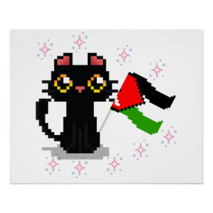 Pôster gato preto fofo segura bandeira da Palestina