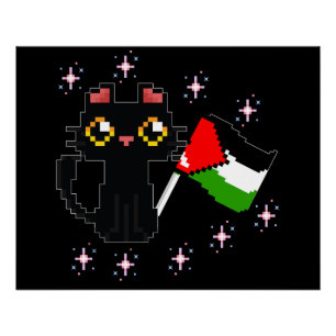 Pôster gato preto fofo segura bandeira da Palestina