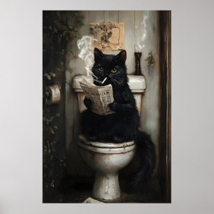 Poster Gato Preto Fumando Lendo Jornal no Banheiro