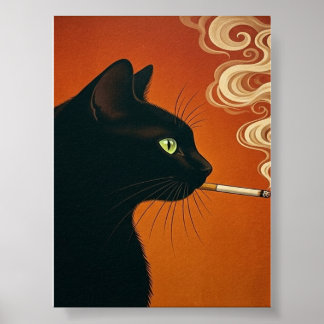 Poster Gato Preto Fumando um Cigarro Vintage