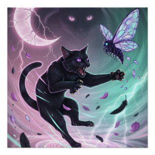 Pôster Gato Preto Furioso Pastel Góthico e Mariposa Místi