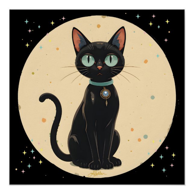 Pôster Gato Preto Futurista Atômico Lua (Frente)