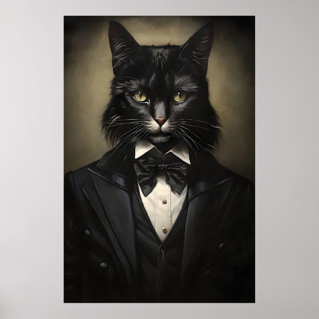Poster Gato Preto Gótico de Terno Impresso, Dark Academia (Frente)