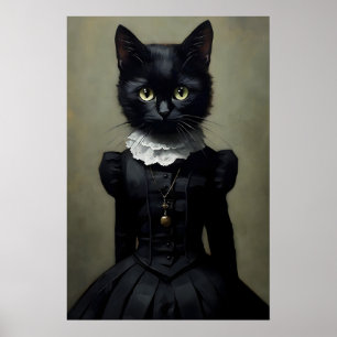Poster Gato Preto Gótico em Estampa de Vestido, Dark Acad
