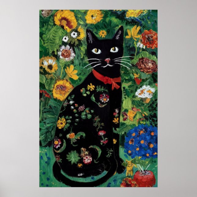 Poster Gato Preto Gustav Klimt num Jardim Flor, Arte Gato (Frente)