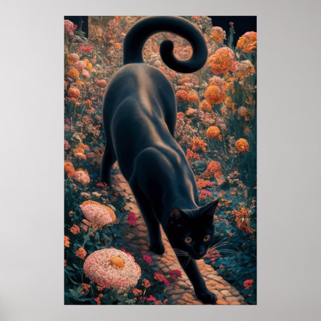 Poster Gato Preto Gustav Klimt num Jardim Flor, Arte Gato (Frente)