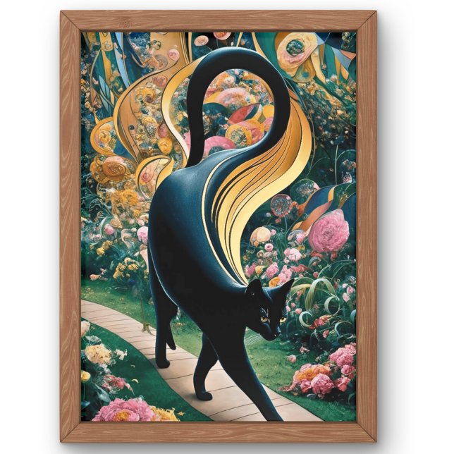 Poster Gato Preto Gustav Klimt num Jardim Flor, Arte Gato (Criador carregado)