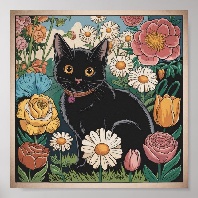 Poster Gato Preto Gustav Klimt num Jardim Flor, Arte Gato (Frente)