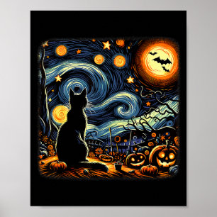 Poster Gato Preto Halloween Van Gogh Noite Estrelada Gato