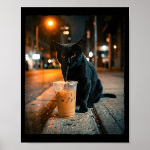 Poster Gato preto legal bebendo café gelado animal engraç