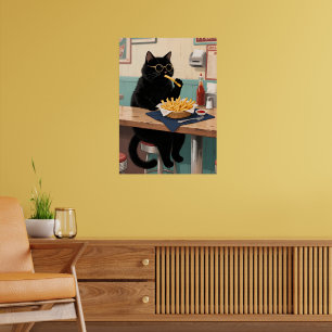 Poster Gato Preto Legal Comendo Batatas Fritas Retro 