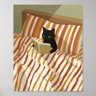 Poster Gato Preto Lendo na Cama Quarto Pacífico Gato