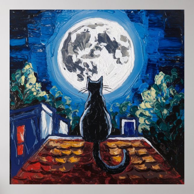 Poster Gato Preto Lua Cheia Telhado (Frente)