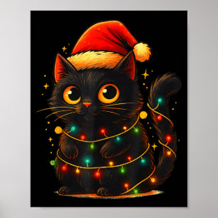 Poster Gato Preto Luzes de Natal Árvore de Natal Engraçad