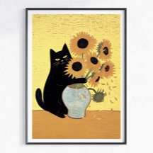Gato Preto Malicioso Estilo de Pintura de Girassol