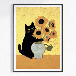 Poster Gato Preto Malicioso Estilo de Pintura de Girassol