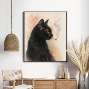 Poster Gato Preto Misterioso Fumando Grafite Vintage