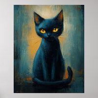 Gato Preto Místico em Sombras de Azul-Ciano