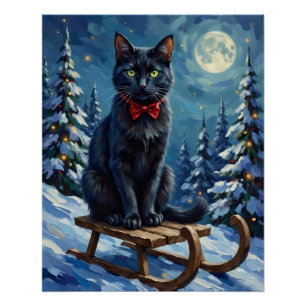 Pôster Gato Preto Místico Encantado Trenó de Inverno Nata