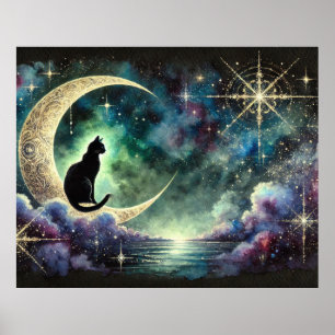 Poster Gato Preto na Lua Crescente com Céu Noturno Estrel
