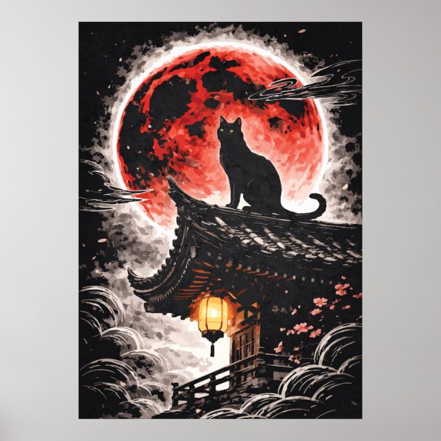 Poster Gato Preto no Telhado da Pagode, Lua Vermelha - Ar (Frente)