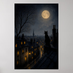 Poster Gato Preto num Telhado Acima de uma Cidade Adormec