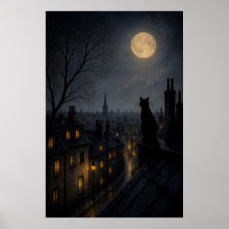 Poster Gato Preto num Telhado Acima de uma Cidade Adormec