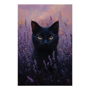 Pôster Gato Preto numa Ilustração de Campo de Lavanda
