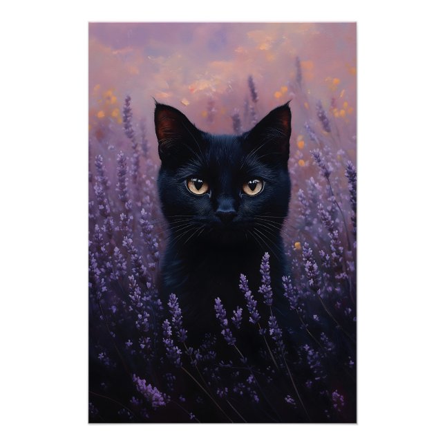 Pôster Gato Preto numa Ilustração de Campo de Lavanda (Frente)