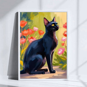 Poster Gato Preto Pintura de Flores em Aquarela de Gati