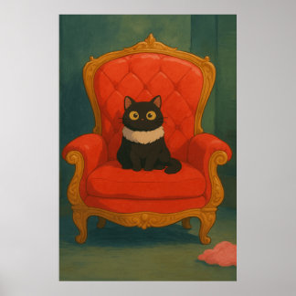 Poster Gato Preto Real no Trono Vermelho