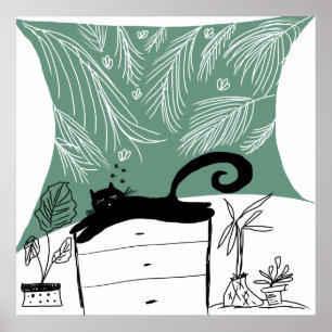 Poster Gato Preto Relaxando Planta Selva