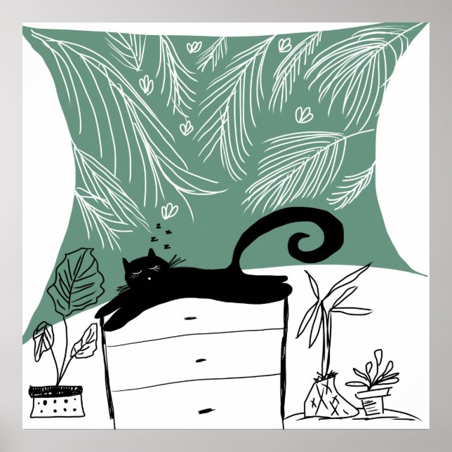 Poster Gato Preto Relaxando Planta Selva (Frente)