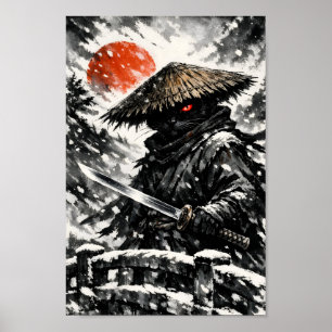 Poster Gato Preto Samurai Ronin Katana Sol de Inverno Sum