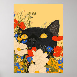 Poster Gato Preto se Escondendo Entre Flores